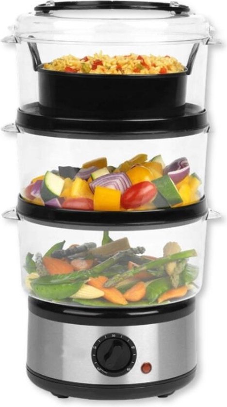 Casena stoomkoker 7,5 liter - Mini stoomoven | Rijstkoker 500W - Rijstinzet – 3 stapelbare stoomschalen van KitchenBrothers