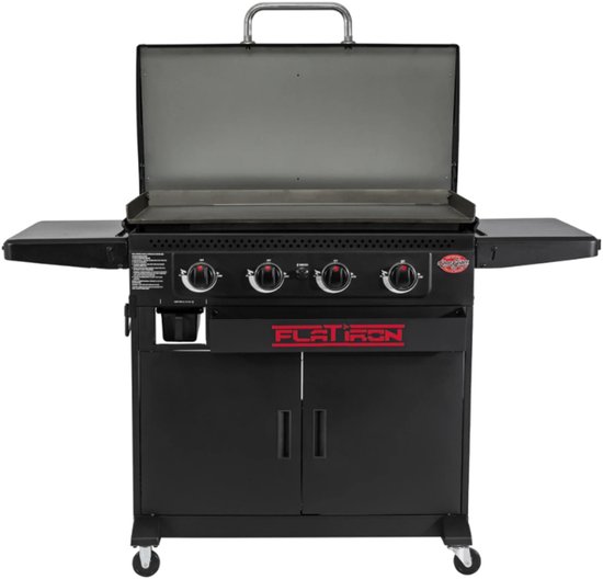 Char-Griller Flat Iron Gas Plancha met 4 Branders en Deksel – Gas Bakplaat met Kast – Grote Stalen Bakplaat met Porselein Coating – voor 6-8 Personen van Merkloos