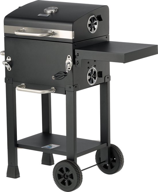 Charcoal Grill Deluxe Houtskoolbarbecue met Deksel - 39,5 x 29,5 cm - Verstelbaar Grillrooster - Ingebouwde Thermometer, Warmhoudrek & Wielen - Zwart