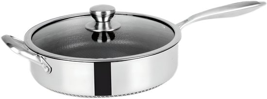 Cheffinger, Hoge Koekenpan 28cm Honingraat Coating met Lange Handgreep en Deksel, Zilveren van Cheffinger