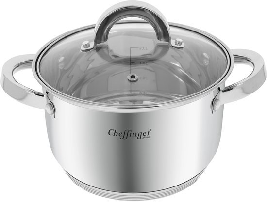Cheffinger, Roestvrijstalen Kookpan met Glazen Deksel 18cm 2.9L Inductie Compatibel, Zilveren van Cheffinger