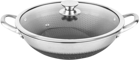 Cheffinger, Wok 32cm met honingraatcoating en krasbestendig deksel, Zilver