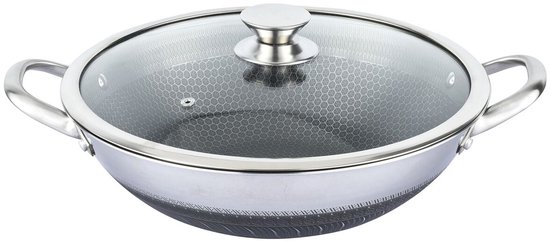 Cheffinger, Wok 36cm met honingraatcoating en krasbestendig deksel, Zilveren van Merkloos