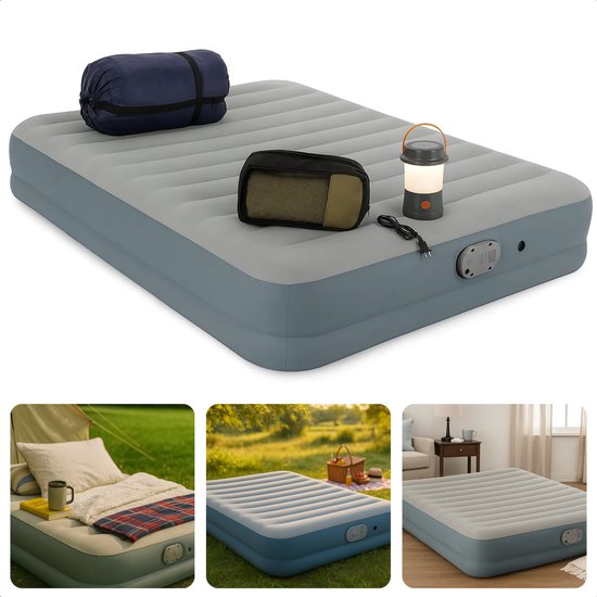 Cheqo® 2-Persoons Luchtbed 200x150cm – Opblaasmatras met Ingebouwde Pomp – Alwayzaire Technologie – Fortech Materiaal – I-Beam Constructie – Luchtbed met Kussen – Camping & Festival Logeerbed – USB-oplaadkabel – 350kg Draaggewicht van Cheqo