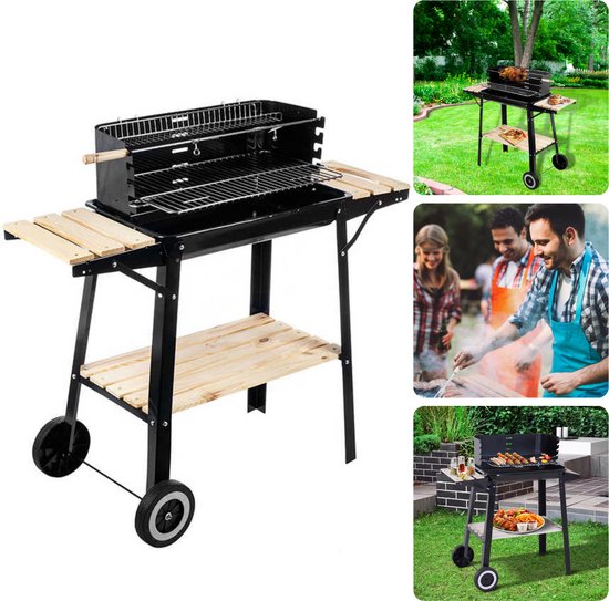 Cheqo® Barbecue Verrijdbaar - BBQ op Wielen - Houtskool BBQ - Buitenkeuken - 45x31cm - 6kg - Windscherm met Gleuven - 2 Wielen - Verstelbaar van Cheqo