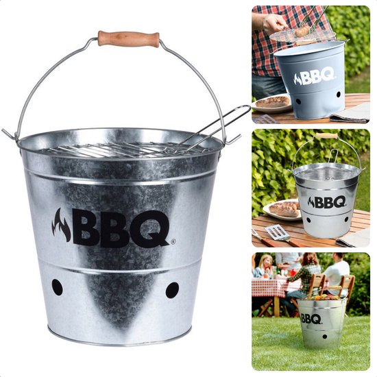 Cheqo® BBQ Emmer - Barbecue Emmer - Portable BBQ - Zink - Ø 19 cm - Met Handgreep - Houtskoolbarbecue van Cheqo