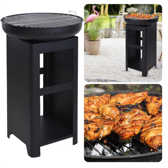 Cheqo® BBQ Grill met Opslag en Vuurkorf - Grillring - Plancha - Grote Grilschaal en Houtskool Grillplaat - Houtskoolbarbecue - Hoge BBQ van Cheqo®