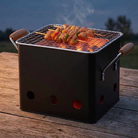 Cheqo® BBQ Kubus - Mini-Barbecue - Houtskool BBQ - Tafelbarbecue - Draagbare Grill - Camping BBQ - Picknick BBQ - Outdoor BBQ - Balkon Barbecue - Eenpersoons BBQ - Meeneem BBQ - Tuinfeest BBQ - Mat Zwart - Barbecue - Kolen BBQ - Tuin BBQ - Grill van Merkloos