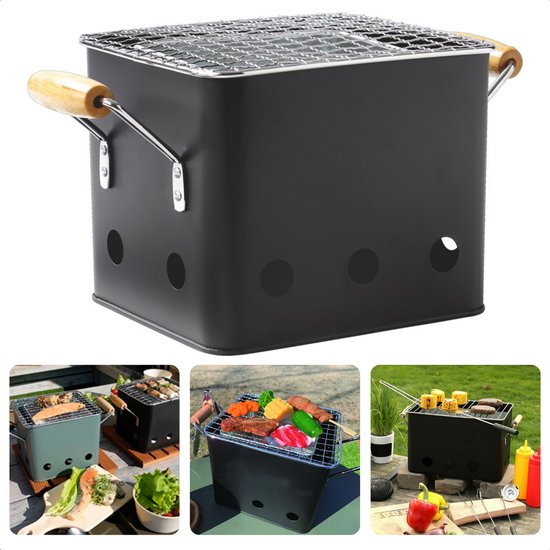 Cheqo® BBQ Kubus - Mini-Barbecue - Mat Zwart - Compacte Eenpersoons Barbecue - 18x15xH15 cm - Geschikt voor Houtskool - Draagbare Grill voor Outdoor Gebruik - Kleine BBQ voor Picknicks - Kamperen - Tuinfeestjes van Cheqo®