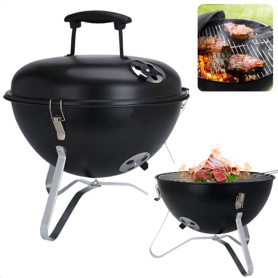 Cheqo® Bolvormige Barbecue - Tafel BBQ - Barbecue Tafelmodel - Zwart Metaal - Met Deksel en As Schaal - Inclusief EBOOK van Cheqo