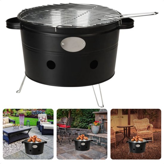 Cheqo® Draagbare Barbecue - Camping Grill - BBQ - Ø300mm-345mm, 200mm Hoog - 2 Handvaten - Mat Zwart - Voor Park, Strand, Balkon van Cheqo®