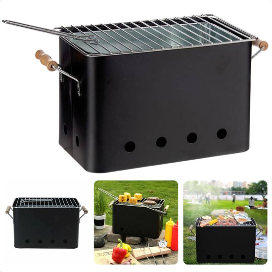 Cheqo® Draagbare BBQ - Kleine Barbecue voor Camping - Houtskoolbarbecue - Compact Ontwerp - 72x24cm - Zwart van Cheqo
