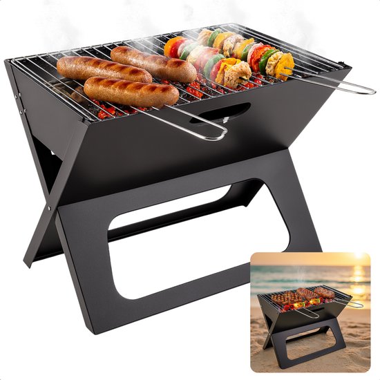 Cheqo® Draagbare Houtskool Barbecue – Opvouwbare BBQ Grill – Tafelbarbecue voor Buiten – Inklapbare Camping BBQ – Compacte Zwart Design Tuinbarbecue – Lichtgewicht Outdoor Grill met Vuurschaal & Handvaten van Cheqo