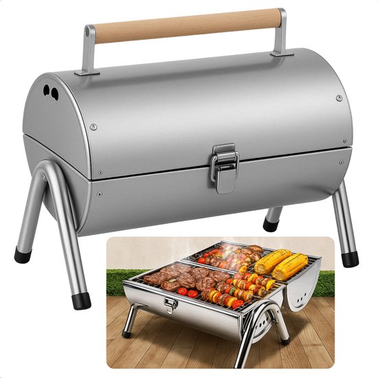 Cheqo® Draagbare Houtskoolbarbecue - Tafelmodel BBQ - Houtskool BBQ - Tafelgrill - Barbecue - Compact voor Balkon en Camping - RVS Design van Cheqo