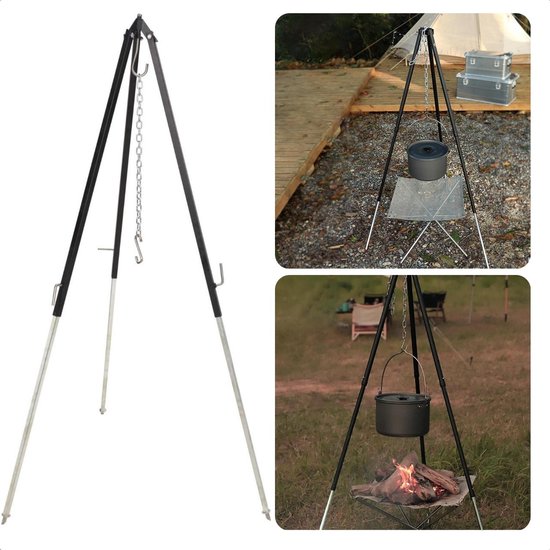 Cheqo® Driepoot Standaard - Stabiel Buiten Koken - 150cm - In Hoogte Verstelbaar - Camping - BBQ Statief - Tripod - Extra Sterk - Grondstekers - Metaal - Kookstatief van Cheqo®