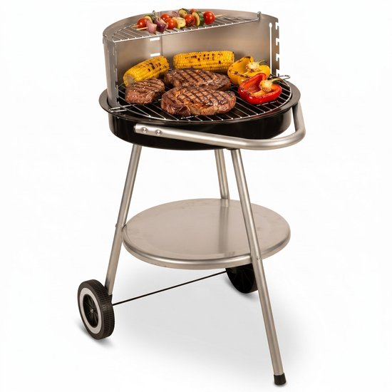 Cheqo® Houtskool Barbecue - BBQ - Houtskoolbarbecue - Ronde Barbecue - Tuinbarbecue - Houtskool Grill - BBQ op Wielen - Verrijdbare Barbecue met Onderrek - Dubbel Grillrooster - Voor Houtskool en Briketten - Voor Tuin en Camping - Zwart