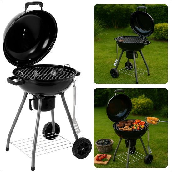 Cheqo® Houtskool Barbecue Ø43 cm - Houtskoolbarbecue - Draagbare BBQ met Deksel - Perfect voor Tuin en Camping van Cheqo
