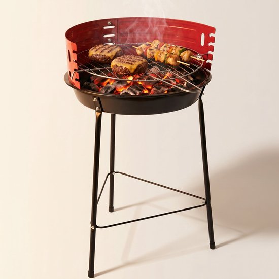 Cheqo® Houtskool Barbecue - Ronde BBQ op 3 Poten - Staande Barbecue - Grillrooster met Windscherm - Verstelbaar Rooster voor Tuin en Balkon - Buitenbarbecue - Houtskoolbarbecue - Rood - Camping BBQ - Grillen voor Buiten - Picknick van Merkloos