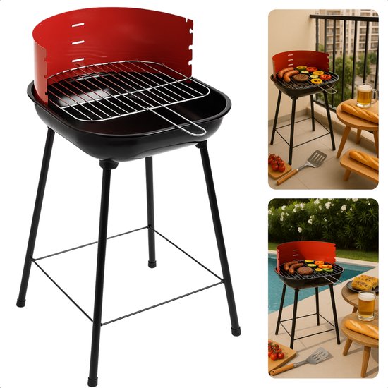Cheqo® Houtskool Barbecue RVS - Houtskoolbarbecue - Verstelbaar Rooster - Ronde BBQ Rood/Zwart van Merkloos