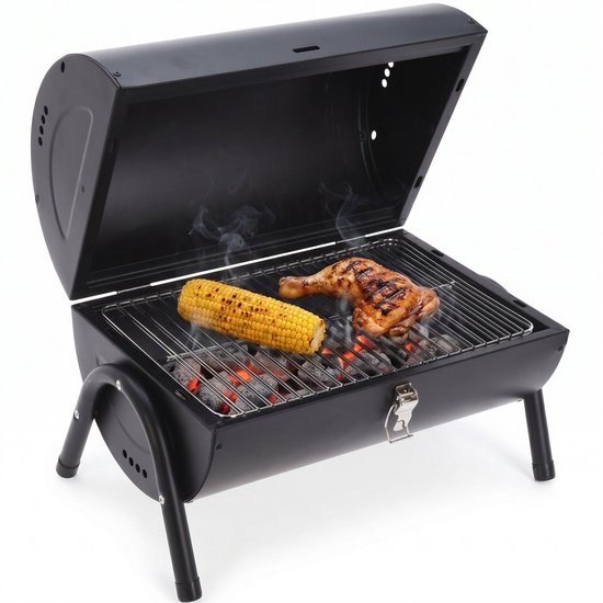 Cheqo® Houtskoolbarbecue - Barbecue Tafelmodel - BBQ Tafelmodel - Tafelbarbecue - Compacte Houtskool Grill - Kolen Barbecue - Draagbaar - voor Camping - Balkon - Picknick - Park en Strand - Cilindervorm - Deksel - Mat Zwart - Mini BBQ van Merkloos
