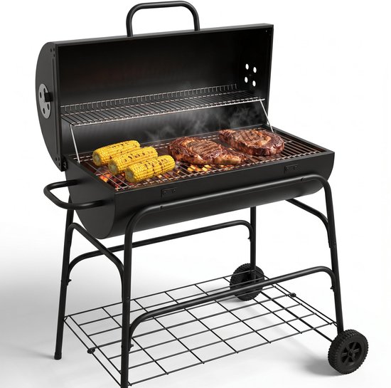 Cheqo® Houtskoolbarbecue - Cilinder BBQ op Wielen - Verrijdbare BBQ - Barbecue op Wielen - Houtskool Barbecue - Grillrooster - Ventilatieroosters - Tuin Barbecue - Warmhoudrek - Asopvangbak - Buiten Barbecue - Grillen op Houtskool - Deksel van Merkloos