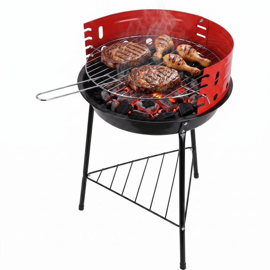 Cheqo® Houtskoolbarbecue - Houtskool Barbecue - Ronde Barbecue - Staande Barbecue - Houtskoolgrill - Tuinbarbecue - Compacte Barbecue voor Balkon en Camping - Barbecue met Verstelbaar Rooster - Houtskool BBQ - Zwart en Rood van Merkloos