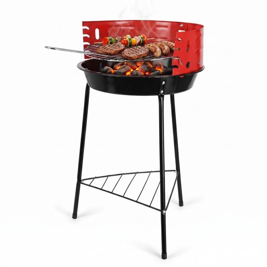 Cheqo® Houtskoolbarbecue op Poten - Staande Barbecue met Windscherm en Chromen Grillrooster - Houtskoolgrill - Halfopen BBQ voor Tuin en Balkon - Houtskool Grill - Camping Barbecue - Tuinbarbecue - Kolen BBQ - met Onderrek - Zwart van Cheqo