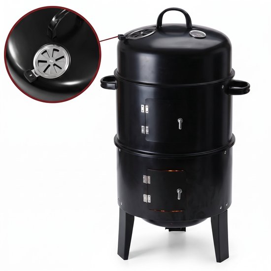 Cheqo® Houtskoolbarbecue Smoker - Rookoven - Barbecue Smoker - Rookton - Verticale Barbecue - 3 in 1 Barbecue - Houtskool Grill - Barbecue Roker - Rookgrill - Smokerbarbecue - Rookkast - Tuin Barbecue met Thermometer - BBQ voor Buiten - Zwart