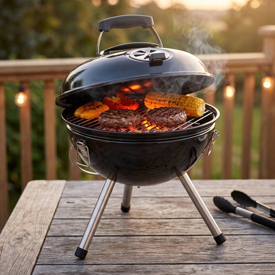 Cheqo® Kogelbarbecue - Houtskoolbarbecue met Deksel - Draagbare Barbecue - BBQ - Kogelgrill - Ketelbarbecue - Compact - voor Tuin, Terras en Balkon - Outdoor - Camping en Picknick - Barbeque - Houtskool BBQ - Grillrooster - Zwart