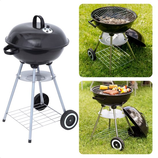 Cheqo® Kogelbarbecue op Wielen - Barbecue - BBQ - Kogelgrill - Houtskoolbarbecue - 46cm Diameter - 78cm Hoogte - 70cm Kookhoogte - Gepoedercoat - Verrijdbaar - Met Voorraadrek - Handgreep - Zwart van Cheqo®