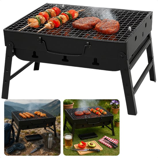 Cheqo® Opvouwbare Barbecue - Draagbare Houtskool Grill - Tafel Barbecue - Camping Barbecue - Gepoedercoat Staal - Compact En Lichtgewicht - Voor Strand En Park - Barbecue Voor Balkon - Kleine Draagbare Bbq van Merkloos