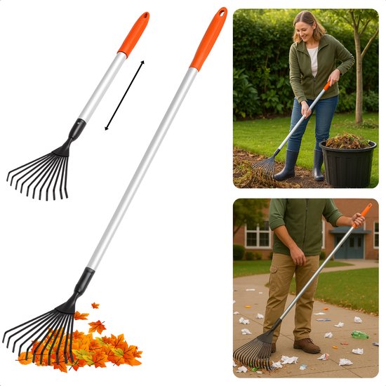 Cheqo® Telescopische Tuinhark – Verstelbare Bladhark met Uitschuifbare Steel – Aluminium & Koolstofstaal – Corrosievrij Tuingereedschap – Lichtgewicht Hark voor Tuin en Gazon – Stevige Telescopische Handgreep van Cheqo