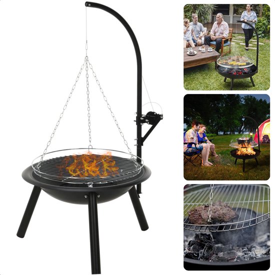 Cheqo® Verstelbare Barbecue Met Grillrooster en Ketting - Ø55Cm - Hoogte 100Cm - BBQ - Vuurschaal - Houtskool BBQ van Cheqo®