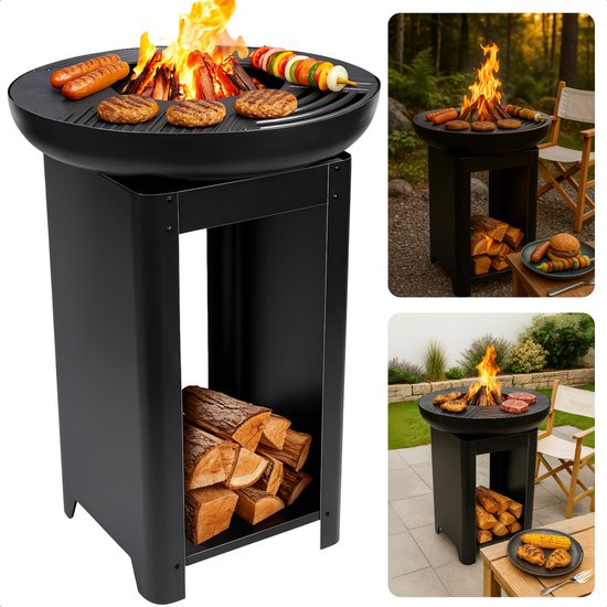 Cheqo® Vuurkorf met BBQ - Barbecue Roestvrij Staal - Grillring - Plancha Grill - Vuurschaal - Buitenkeuken met Houtopslag - 2-in-1 Grill en Terrashaard - Inclusief Teppanyaki Plaat van Cheqo