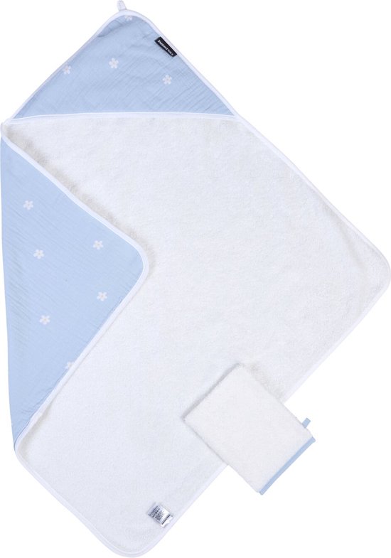 Childhome Flower Collection - Badcape en washandje - 80x80 - Wit/Blauw van Childhome