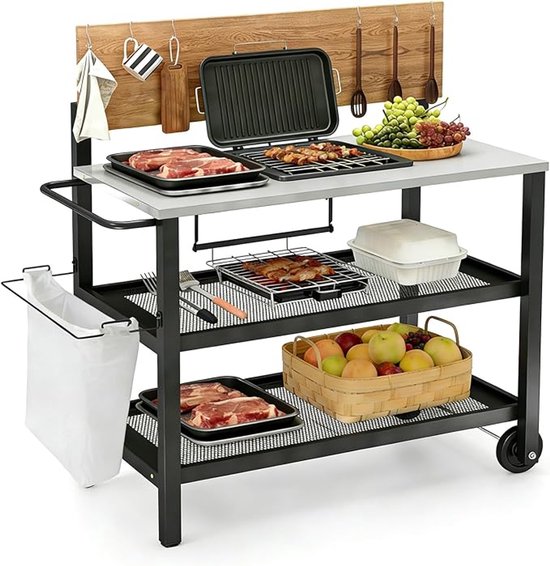 CINK & Co Grillwagen 135 kg - Met Werkblad - Voor Barbecue - 4 Etages en 6 Haken - Verrijdbaar - Met Papierrol- en Vuilniszakhouder - Zwart - 116 x 73 x 111 cm