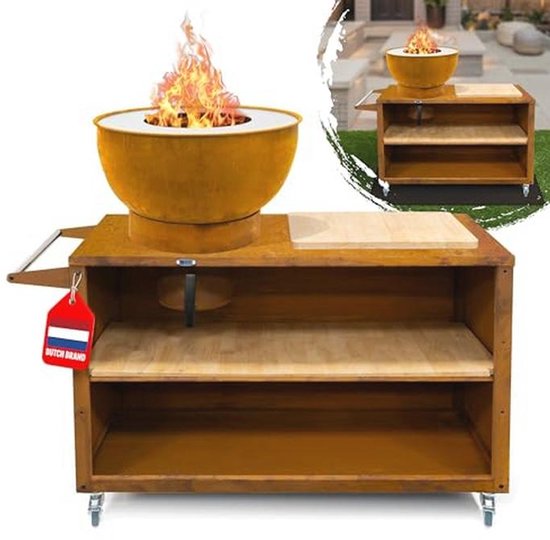 Compacte Buitenkeuken met Grill en Plancha op Wielen - Mobiele Barbecue met Ruimte voor Brandhout van Merkloos