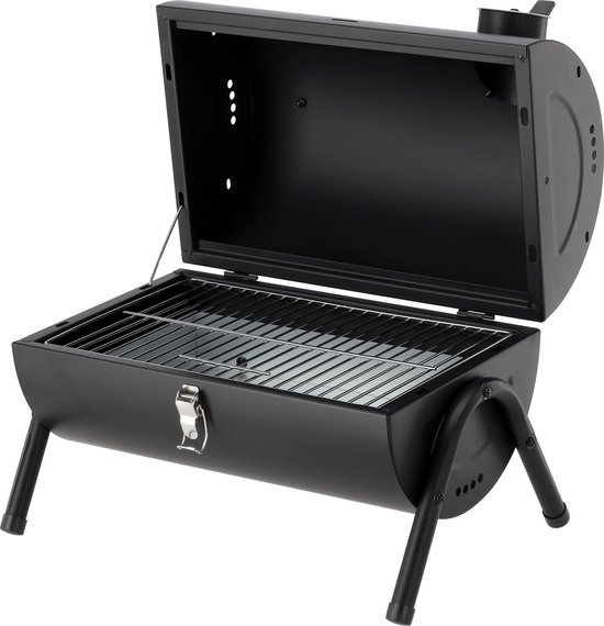 Compacte Houtskoolbarbecue met Deksel - Tafelbarbecue & Reisbarbecue - Dubbel Chroom-Plated Grillrooster (34 x 21 cm) - Met Ventilatieschuif & Houten Handgreep - Zwart