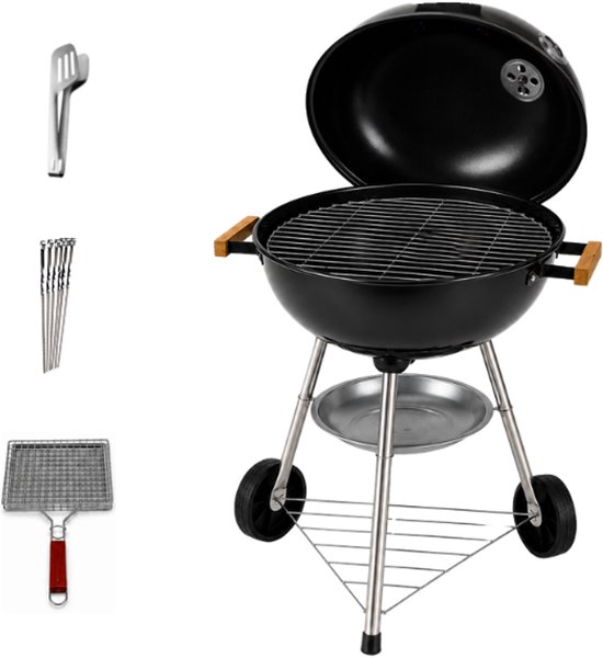 Complete BBQ Set 45 cm + Accessoires – Kogelbarbecue Zwart met Deksel, Thermometer, Tang, 6 Spiesen & Grill rooster
