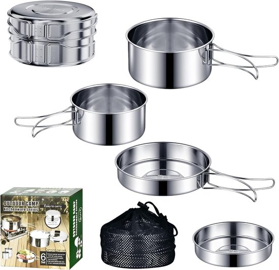 Complete Camping Kookset van RVS met Pannen en Vouwbestek voor Buiten, Perfect voor Hiking, Picknicks en Reizen