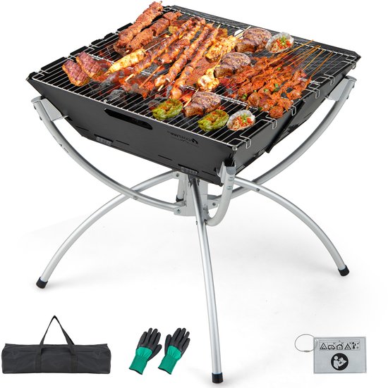 COSTWAY Campinggrill, 3-in-1 vuurplaats voor brandhout en houtskool met roestvrijstalen grillroosters, draagbare vuurschaal met draagtas en handschoenen voor grillen, kampvuur, koken in de open lucht van Merkloos