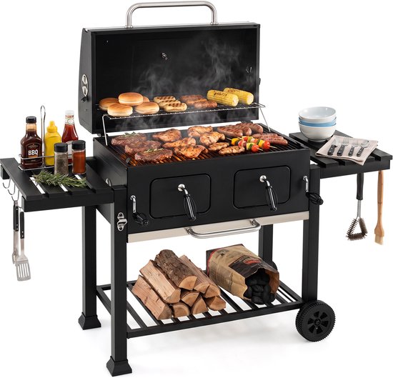 COSTWAY Draagbare houtskoolbarbecue | Campinggrill met afneembare poten, 2-traps roesthoogteverstelling, tafelgrill, staande grill voor camping, picknick en feest