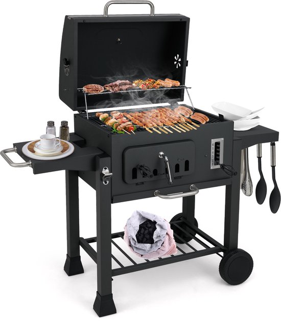COSTWAY houtskoolgrill, grillwagen met deksel, wielen, 2 inklapbare zijtafels, grillrooster, thermometer, 6-voudige houtskoolhouder en opbergvak, staande grill, kolengrillwagen van Merkloos