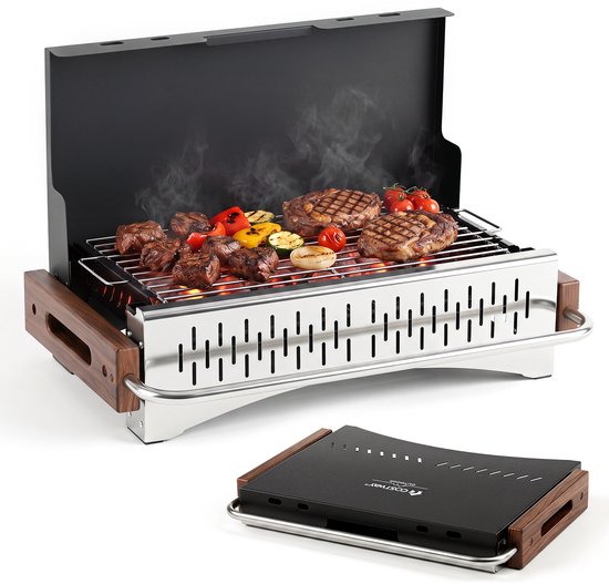 COSTWAY Houtskoolgrill klein, tafelgrill inklapbaar (50,5 x 33,5 x 6,5 cm) | Campinggrill met 2 verstelbare grillhoogtes, reisgrill, houtskoolbarbecue, mini-grill voor BBQ, reizen, picknick