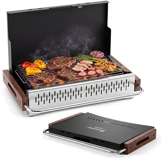 COSTWAY Houtskoolgrill klein, tafelgrill inklapbaar (62 x 43,5 x 6,5 cm) | Campinggrill met 2 verstelbare grillhoogtes, reisgrill, houtskoolbarbecue, mini-grill voor BBQ, reizen, picknick