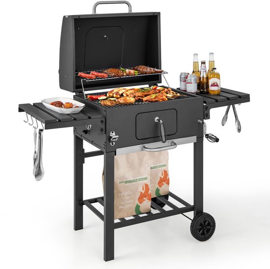 COSTWAY Houtskoolgrill met deksel, grillwagen met 2 inklapbare bijzettafels, 8 haken, 2 wielen, thermometer en flesopener, voor tuin, camping, terras, achtertuin van Merkloos