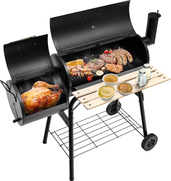 COSTWAY Houtskoolgrill met deksel, grillwagen met wielen, zijvuurbox, zijtafel, plank, houten handgrepen, thermometer, houtskoolgrill voor camping, terras, tuin van Merkloos