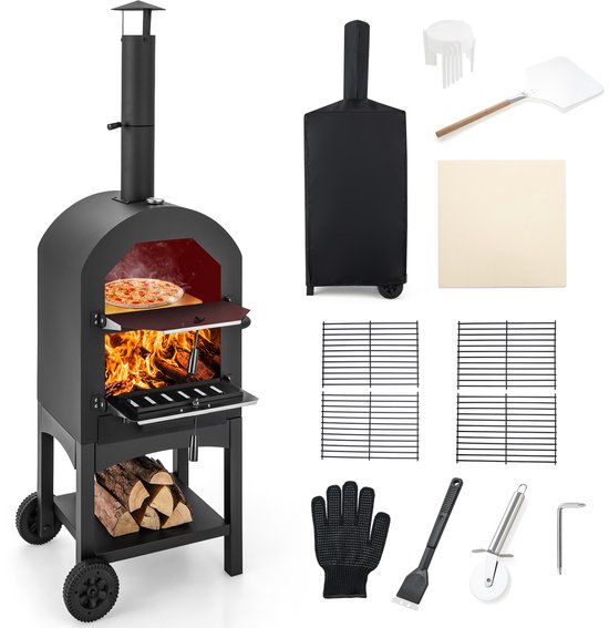COSTWAY Pizzaoven voor buiten, houtgestookte pizzaoven met ingebouwde thermometer, praktische handgreep, wielen, waterdichte afdekking en asopvanglade van costway