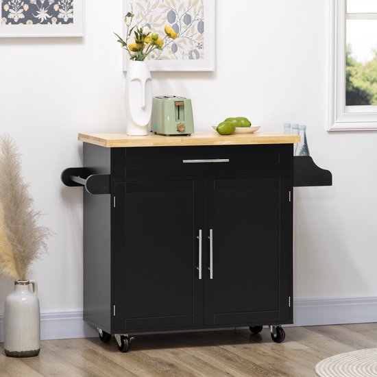 COVREO Keukenwagen / serveerwagen 109 x 40 x 89 cm - met werkblad, kruidenrek en handdoekhouder, zwart