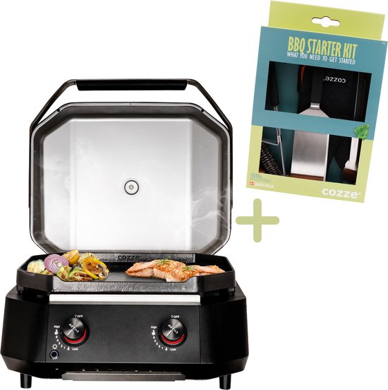 Cozze® G-500 Plancha Gasbakplaat met deksel en 2 gasbranders, 5,0 kW - Inclusief gratis BBQ-set van Cozze